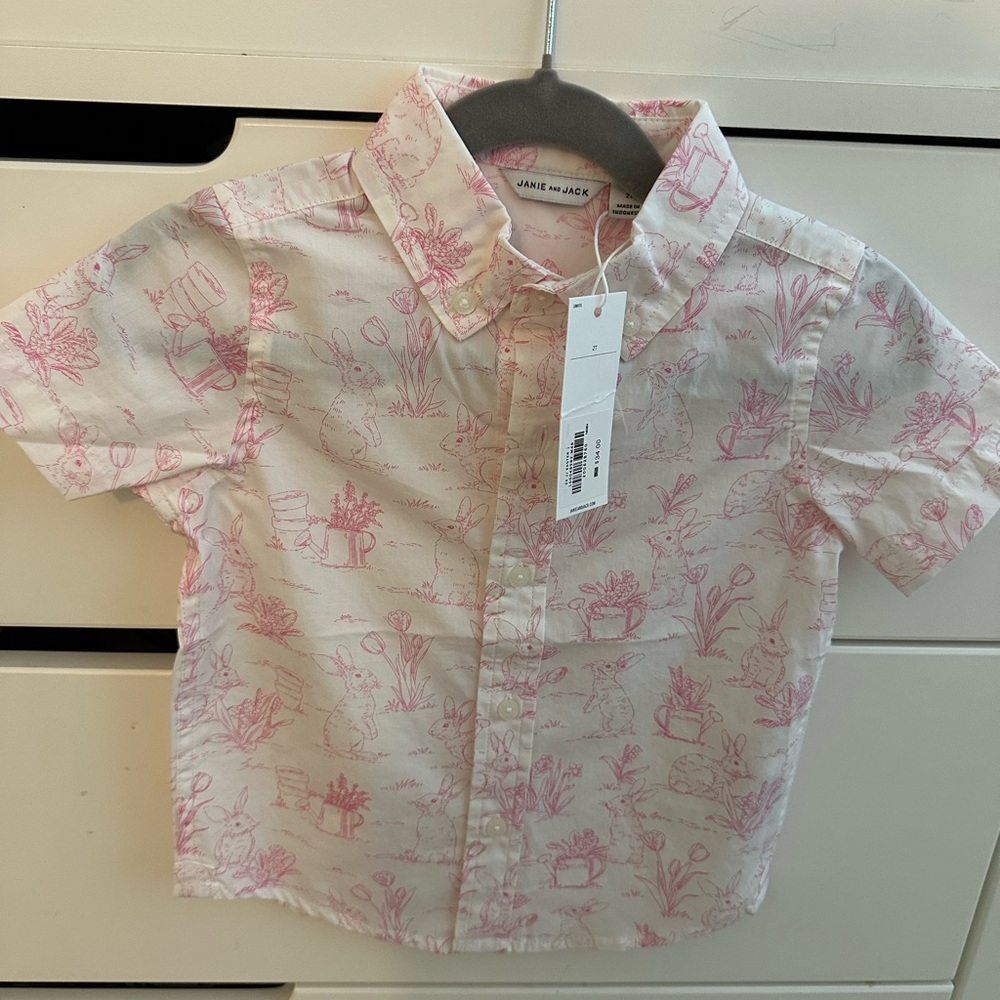NWT Janie and Jack Pink Bunny Toile Print 2T button down shirt
